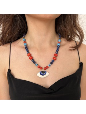 Suerte Accessories Lapis Lazuli Mercan ve Turkuaz Doğaltaş Murano Cam Seramik Evil Eye Uçlu Kadın Doğal Taş Kolye