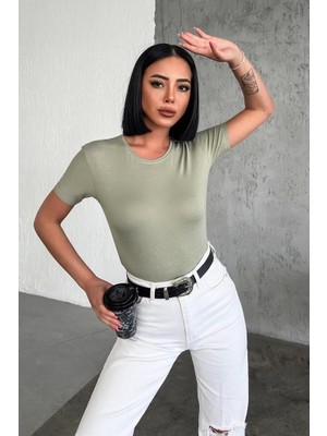 Aesco Rahat ve Şık Kısa Kollu Bisiklet Yaka Likralı Viskon Penye Body Haki ( Lisinya )