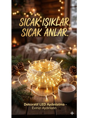 Aesco Yılbaşı Aydınlatması 100 LED Perde Hortum Sıcak Beyaz Işık - 10 Metre Dekoratif Şeffaf Kablolu Süs