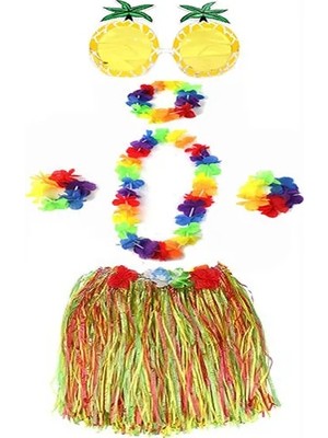 Aesco Yetişkin ve Çuk Uyumlu Luau Ha Hawaii Rengarenk 40 cm Etek Ananas Şekilli Gözlük Hawaii Kolye Renkli Taç ve 2 Adet Bileklik Seti