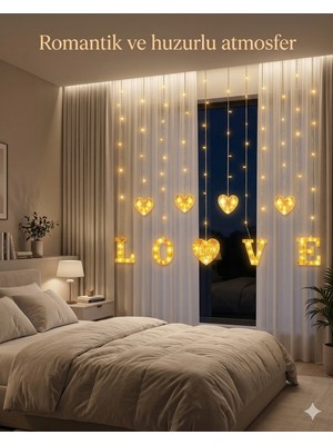 Aesco 3 Metre Perde LED Işık - 8 Modlu Kalp ve Love Figürlü Dekoratif Animasyonlu LED