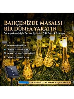 Aesco 10 LED 2 Metre Sarı Kristal Su Damlası Güneş Enerjili LED Işık Solar Bahçe Ağaç Lamba Aydınlatması