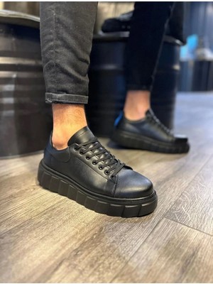 Aesco JY144 Volt Bağcıklı Cilt Erkek Günlük Sneaker Yüksek Taban Ayakkabı Cst Siyah