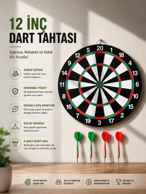 Aesco 12 Inç Ahşap Dart Tahtası 4 Adet Metal Uçlu Dart Oku Dahil