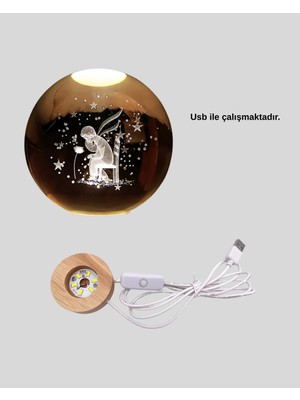 Aesco Mey Ithalat® 8 cm Küçük Prens Cam Küre USB Işıklı Ahşap Tabanlı Dekor