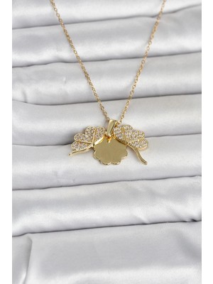 Aesco Mey Ithalat® 316L Çelik Gold Renk Açılabilir Yonca Model Zirkon Taşlı Kadın Kolye