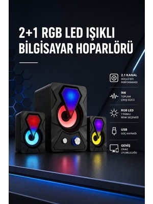 2+1 Rgb LED Işıklı Güçlü Bas Sistemli Bilgisayar Hoparlörü - HPSBYI7693-7386
