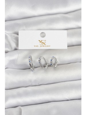 Aesco Mey Ithalat® Pirinç Gümüş Renk Nazarlı Model 3'lü Kadın Küpe