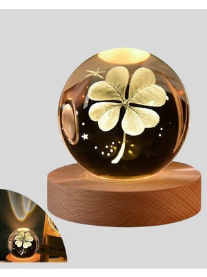 Aesco Mey Ithalat® Bitki Temalı LED Işıklı Cam Küre Ahşap Standlı Modern Gece Lambası