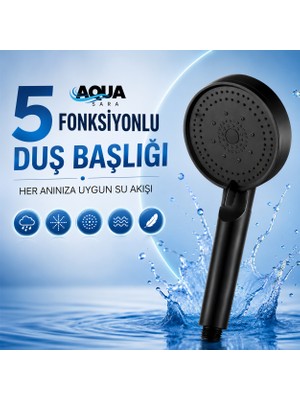 Aqua Sara Siyah 5 Fonksiyonlu Yüksek Basınçlı Ayarlanabilir Duş Başlığı
