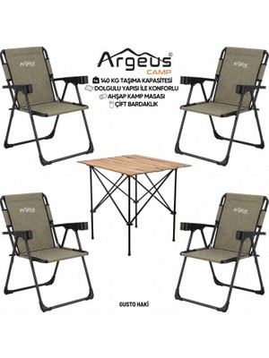 Asyaink 4 Adet Katlanır Kamp Sandalyesi ve Ahşap Masa Seti - Rock Plus - Gusto Haki - 3736 gr