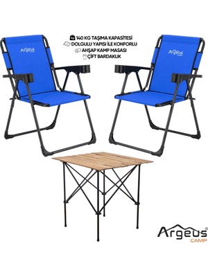 Asyaink 2 Adet Katlanır Kamp Sandalyesi ve Ahşap Masa Seti - Rock Plus - Mavi - 3736 gr