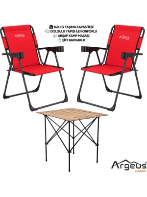 Asyaink 2 Adet Katlanır Kamp Sandalyesi ve Ahşap Masa Seti - Rock Plus - Kırmızı - 3736 gr