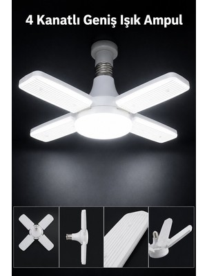 Evgereçlerim 4 Kanatlı Katlanabilir LED Ampul Geniş Açılı Papatya Tavan Aydınlatması Alt Panelli E27