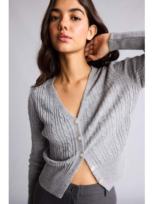 DeFacto Fitted V Yaka Triko Gri Melanj Hırka H2140AX26AU