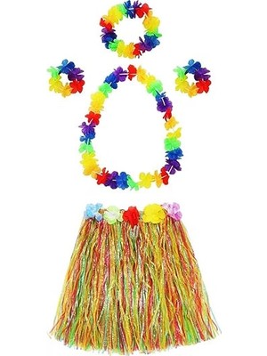 Eco Lounge Yetişkin ve Çocuk Uyumlu Luau Aloha Hawaii  Kolye Renkli Etek Taç ve Bileklik Seti