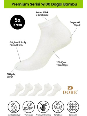 Dore Kadın 5 Çift Bambu Ultra Comfort Terletmeyen Spor Ayakkabı Sneaker Premium Patik Çorap Krem 36-39