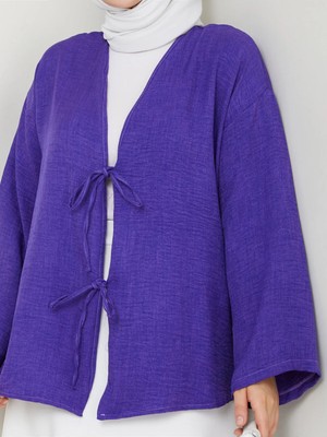 Exit Collection Kadın Tesettür Keten Önü Bağlamalı 2 Bağcıklı Modern Şık Etek Üsttü Leylak Mor Kimono Gömlek