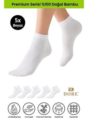 Dore Kadın 5 Çift Bambu Ultra Comfort Terletmeyen Spor Ayakkabı Sneaker Premium Patik Çorap Beyaz 36-39