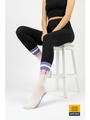 Dore Kadın Yeni Sezon Damla Desenli Trend Model Pilates ve Yoga Kaydırmaz Tabanlı Çorap 1 Çift Mor Pembe 36 - 42