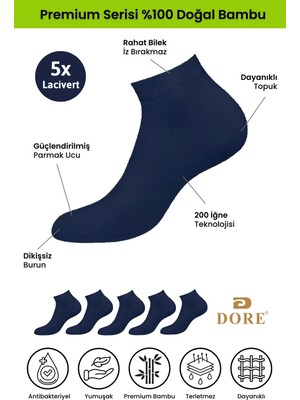 Dore Kadın 5 Çift Bambu Ultra Comfort Terletmeyen Spor Ayakkabı Sneaker Premium Patik Çorap Lacivert 36-39