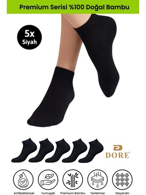 Dore Kadın 5 Çift Bambu Ultra Comfort Terletmeyen Spor Ayakkabı Sneaker Premium Patik Çorap Siyah 36-39