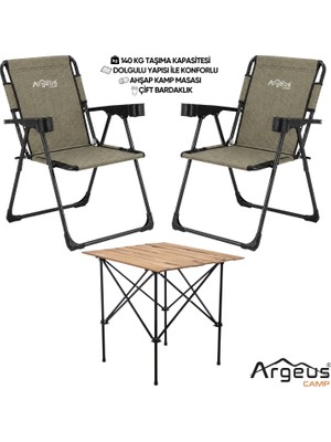 Asyaink 2 Adet Katlanır Kamp Sandalyesi ve Ahşap Masa Seti - Rock Plus - Gusto Haki - 3736 gr