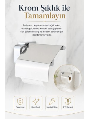 Alper Banyo Krom F1 Model Kapaklı Tuvalet Kağıdı Askısı, Paslanmaz Çelik Montajlı WC Kağıtlık, 5 Yıl Garantili