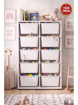Decosense 10 Adet Büyük Çekmeceli 136 cm Beyaz Çocuk Odası Oyuncak Dolabı ve Çok Amaçlı Saklama Ünitesi - Depolayıcı Düzenleyici Organizer