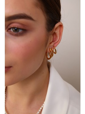 Aurrari Kadın Gold Renk Oval 3'lü Küpe