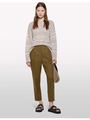 Sisley %100 Keten Beli Lastikli Önü Pileli Pantolon Kadın Yeşil Pantolon - 325P4AGHLF00S
