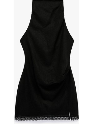 Koton Halter Yaka Dantel Detaylı Keten ve Viskon Karışımlı Kolsuz Mini Elbise