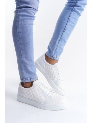 ET166 Prestige Bağcıklı Cilt Kapitone Desenli Erkek Günlük Sneaker Ayakkabı Bt - Beyaz