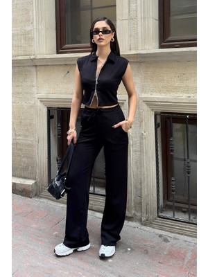 Bejna Kadın Çift Fermuarlı Crop Yelek Geniş Paça Pantolon Alt Üst Spor Takım