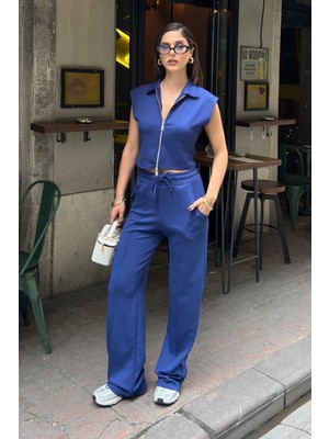 Bejna Kadın Çift Fermuarlı Crop Yelek Geniş Paça Pantolon Alt Üst Spor Takım