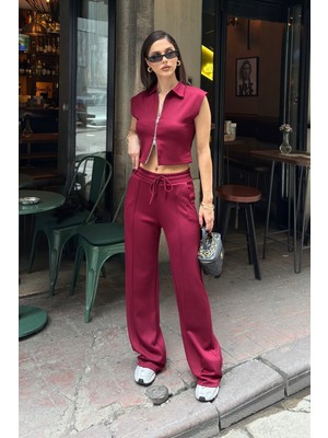 Bejna Kadın Çift Fermuarlı Crop Yelek Geniş Paça Pantolon Alt Üst Spor Takım
