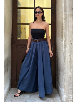 Bejna Kadın Siyah Kemerli Pileli Geniş Paça Bol Pantolon