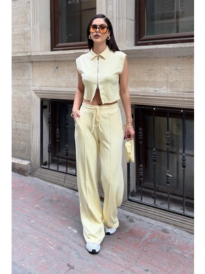 Bejna Kadın Çift Fermuarlı Crop Yelek Geniş Paça Pantolon Alt Üst Spor Takım