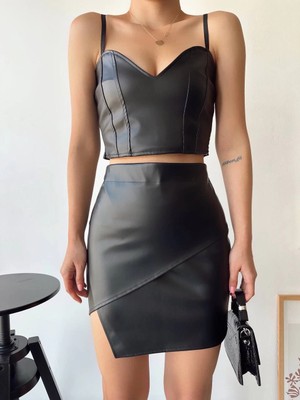 Luord - Store Kapaklı Asimetrik Model Deri Etek Siyah S24106
