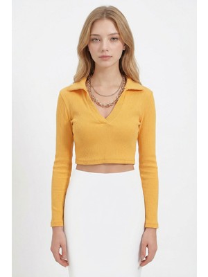 Bacc Hardal Polo Yaka Fitilli Yumuşak Dokulu Crop Bluz