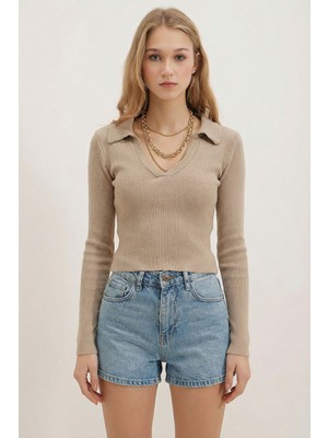 Bacc Bej Polo Yaka Fitilli Yumuşak Dokulu Crop Bluz