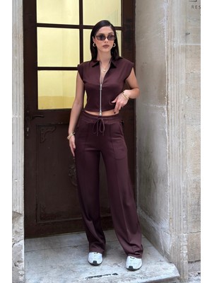 Bejna Kadın Çift Fermuarlı Crop Yelek Geniş Paça Pantolon Alt Üst Spor Takım