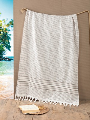 Sevim %100 Pamuk, Yaprak Jakarlı, Saçaklı Peştamal Plaj ve Banyo Havlusu 90x170 cm - Vizon