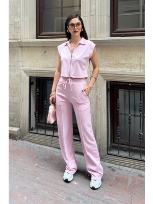 Bejna Kadın Çift Fermuarlı Crop Yelek Geniş Paça Pantolon Alt Üst Spor Takım