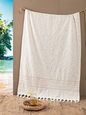Sevim %100 Pamuk Jakarlı Peştemal - 90x170 cm Büyük Boy Saçaklı Yazlık Banyo Havlusu - Bej