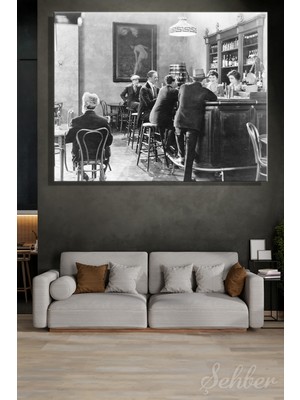Şehber Kanvas Tablo Yatay Tekli Ev Kafe Ofis Barda Oturan Insanlar Siyah Beyaz Retro Fotoğraf 2791