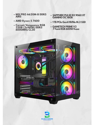 OEM Rx 9060 Xt 16GB Gaming Pc | Ryzen 5 7600 | 32GB Ddr5 6000MHZ | 1tb Gen4 Nvme SSD | Am5 Oyuncu Bilgisayarı