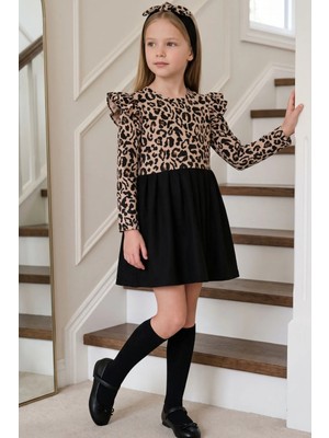 Parla Kids Kız Çocuk Leopar Desenli Uzun Kollu Fırfırlı Elbise Bandana Takım