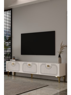 Dekortis Home Dekor 180DHDTS3BA Hera Lazer Desenli Tv Sehpası,ünitesi Beyaz-Altın