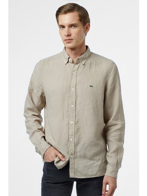 Lacoste Men's Regular Fit Button-Down Collar Linen Shirt Erkek Düğmeli Yaka Keten Gömlek Bej